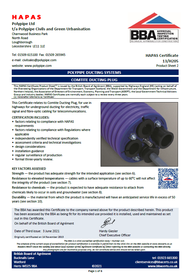 Comtite Duct Plug - HAPAS BBA Certificate | Polypipe