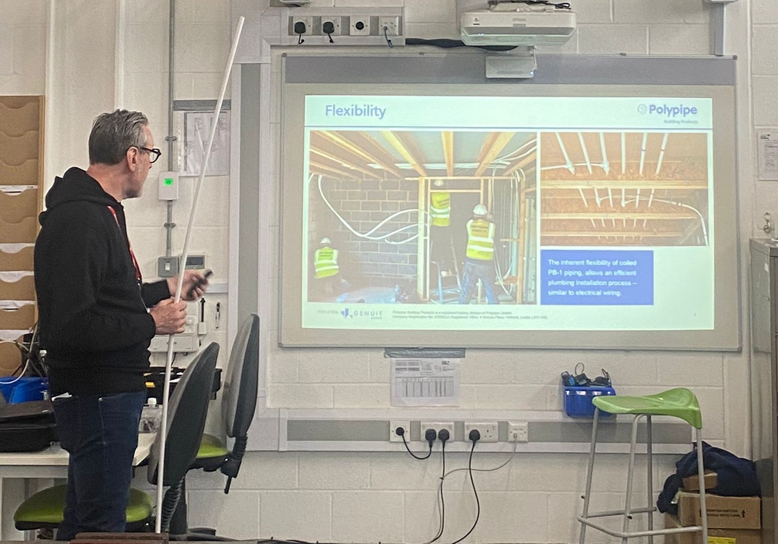 Plastic Plumbing Category Manager at Polypipe Building Products Adam Pearson talks to Plumbing and Heating students at Leeds College of Building about plastic plumbing and manufacturing.