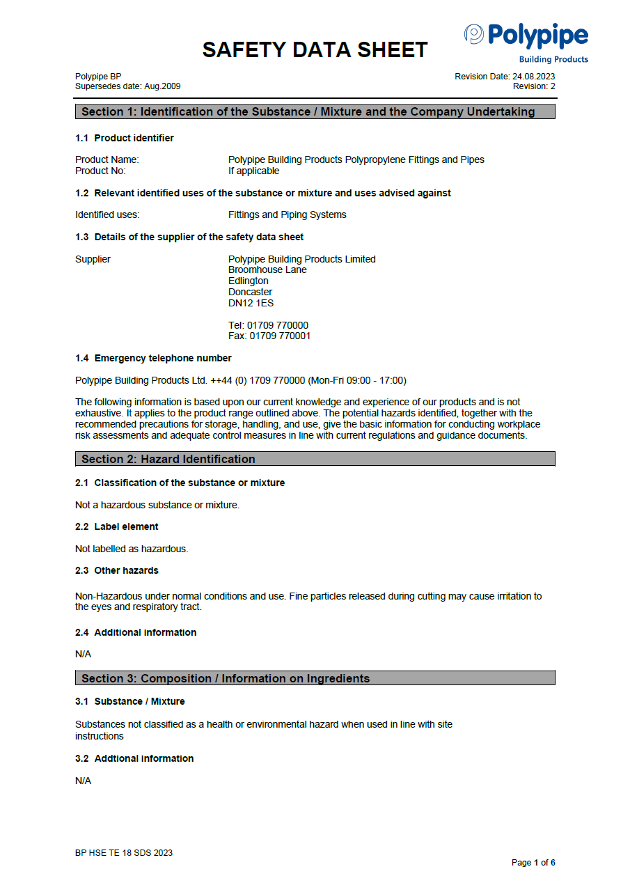 Msds Polypropylene Ranges Polypipe